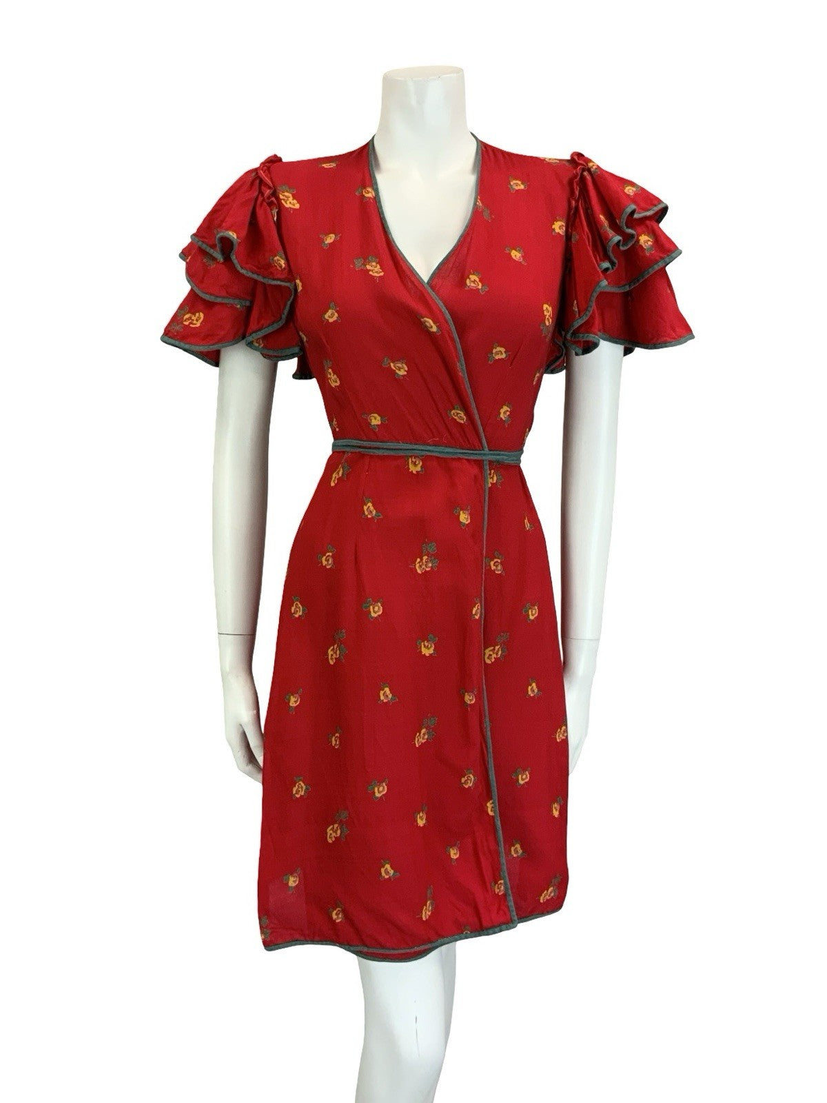 VTG 70S BOHO RED GREEN YELLOW ROSE FLORAL RUFFLE FLAMENCO SLEEVE WRAP DRESS 10