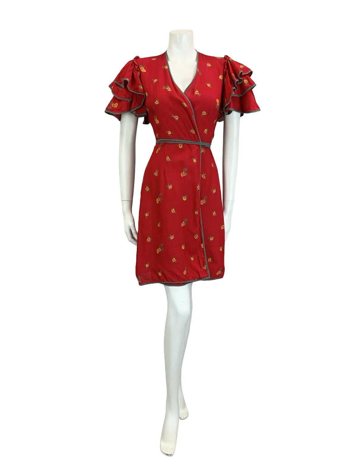 VTG 70S BOHO RED GREEN YELLOW ROSE FLORAL RUFFLE FLAMENCO SLEEVE WRAP DRESS 10