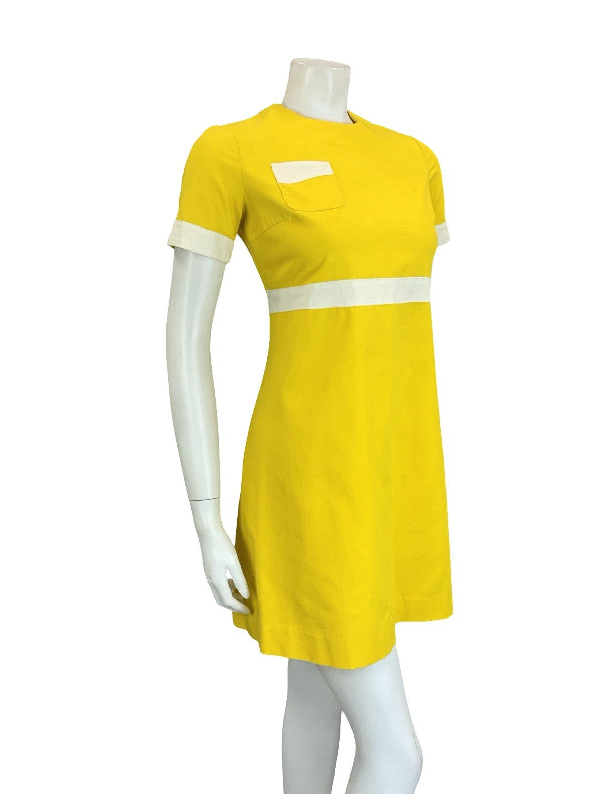VTG 60S SCOOTER MOD YELLOW WHITE BLOCK COLOUR EMPIRE SHIFT MINI DRESS 10