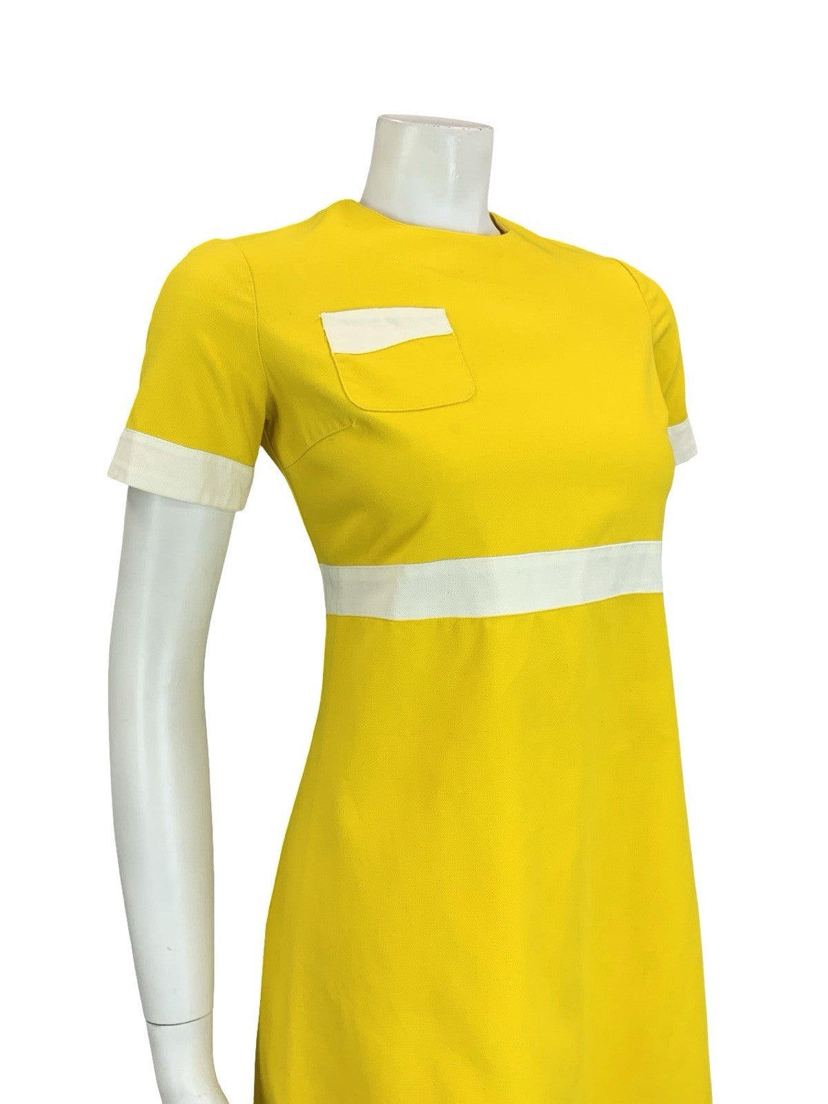 VTG 60S SCOOTER MOD YELLOW WHITE BLOCK COLOUR EMPIRE SHIFT MINI DRESS 10