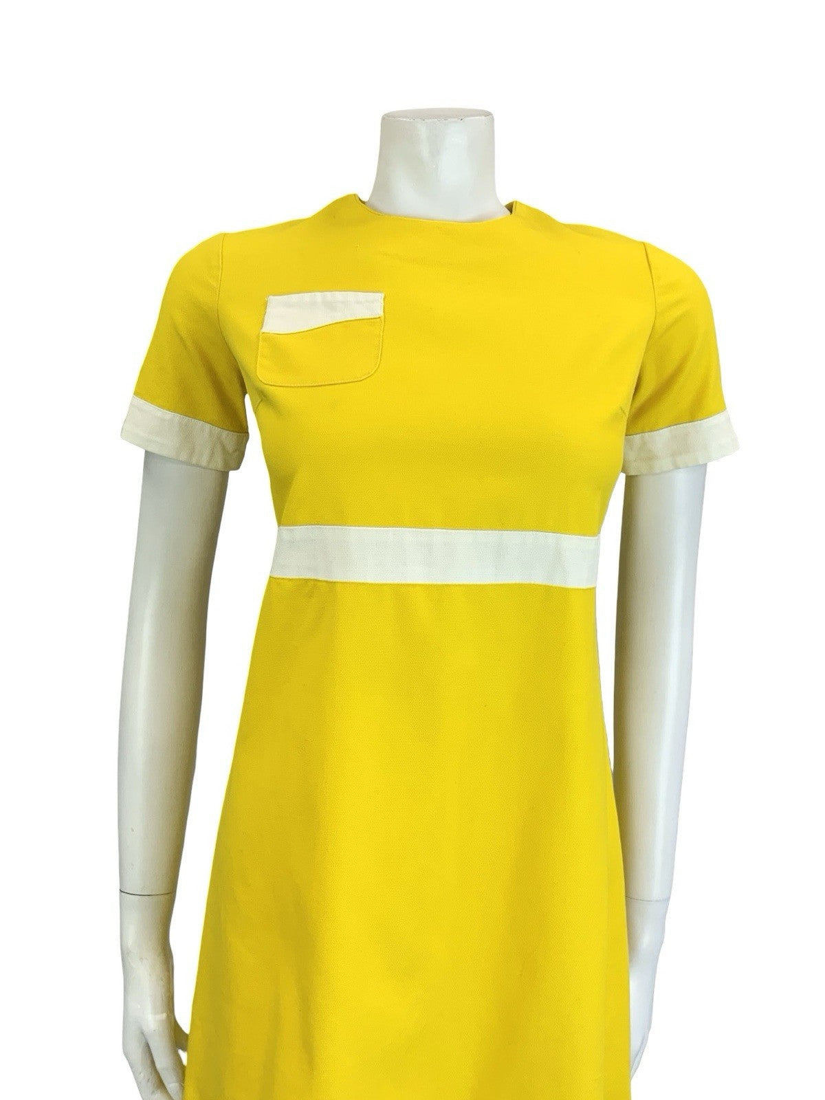 VTG 60S SCOOTER MOD YELLOW WHITE BLOCK COLOUR EMPIRE SHIFT MINI DRESS 10