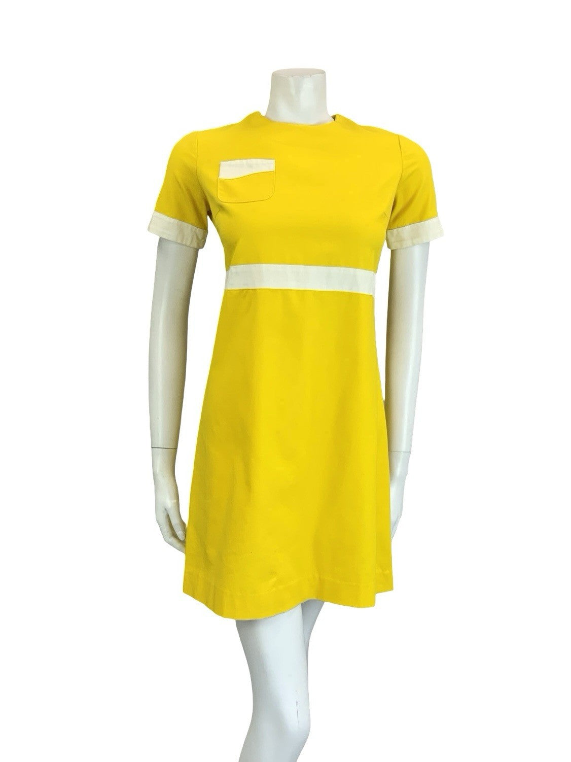 VTG 60S SCOOTER MOD YELLOW WHITE BLOCK COLOUR EMPIRE SHIFT MINI DRESS 10