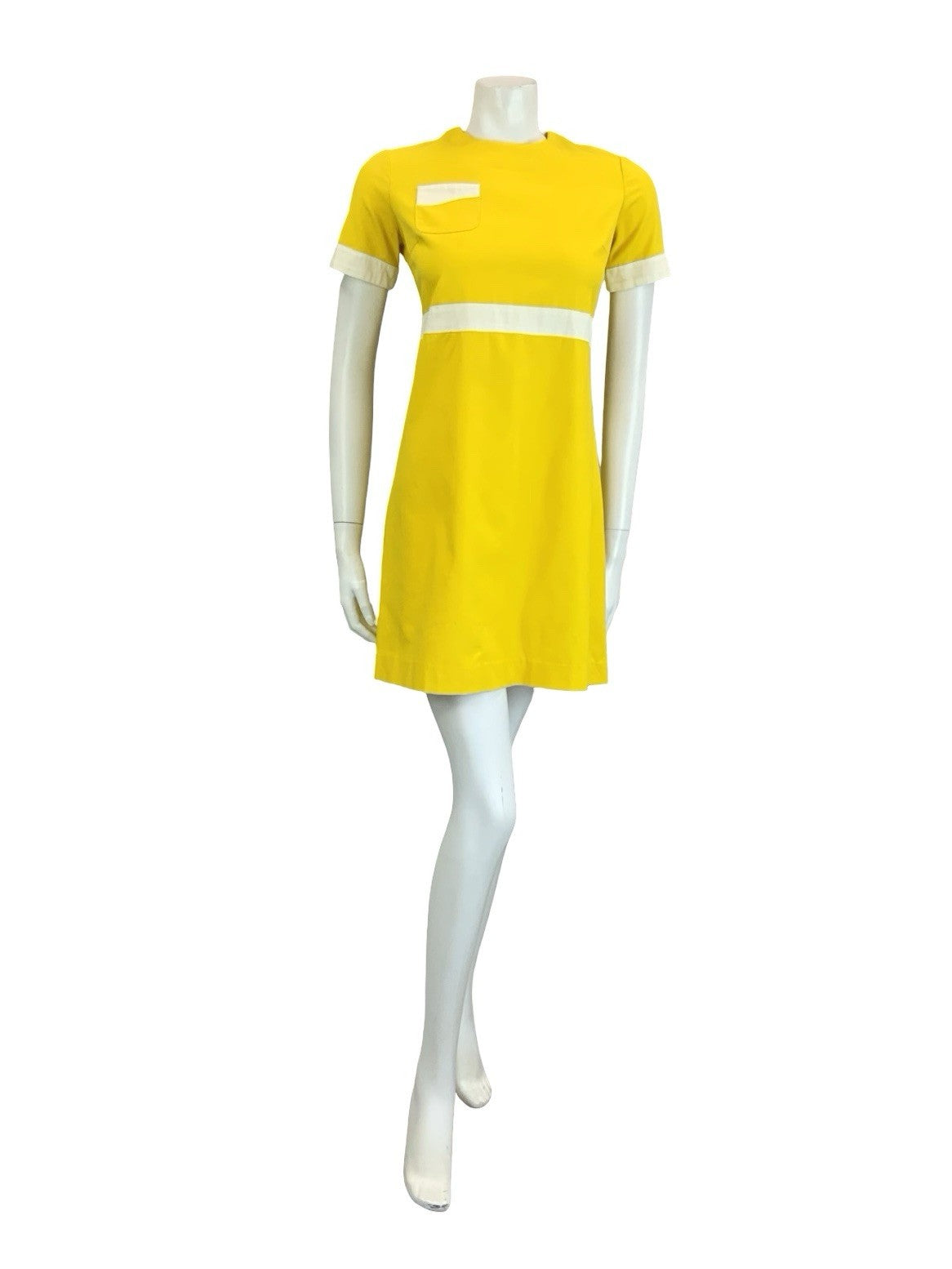 VTG 60S SCOOTER MOD YELLOW WHITE BLOCK COLOUR EMPIRE SHIFT MINI DRESS 10