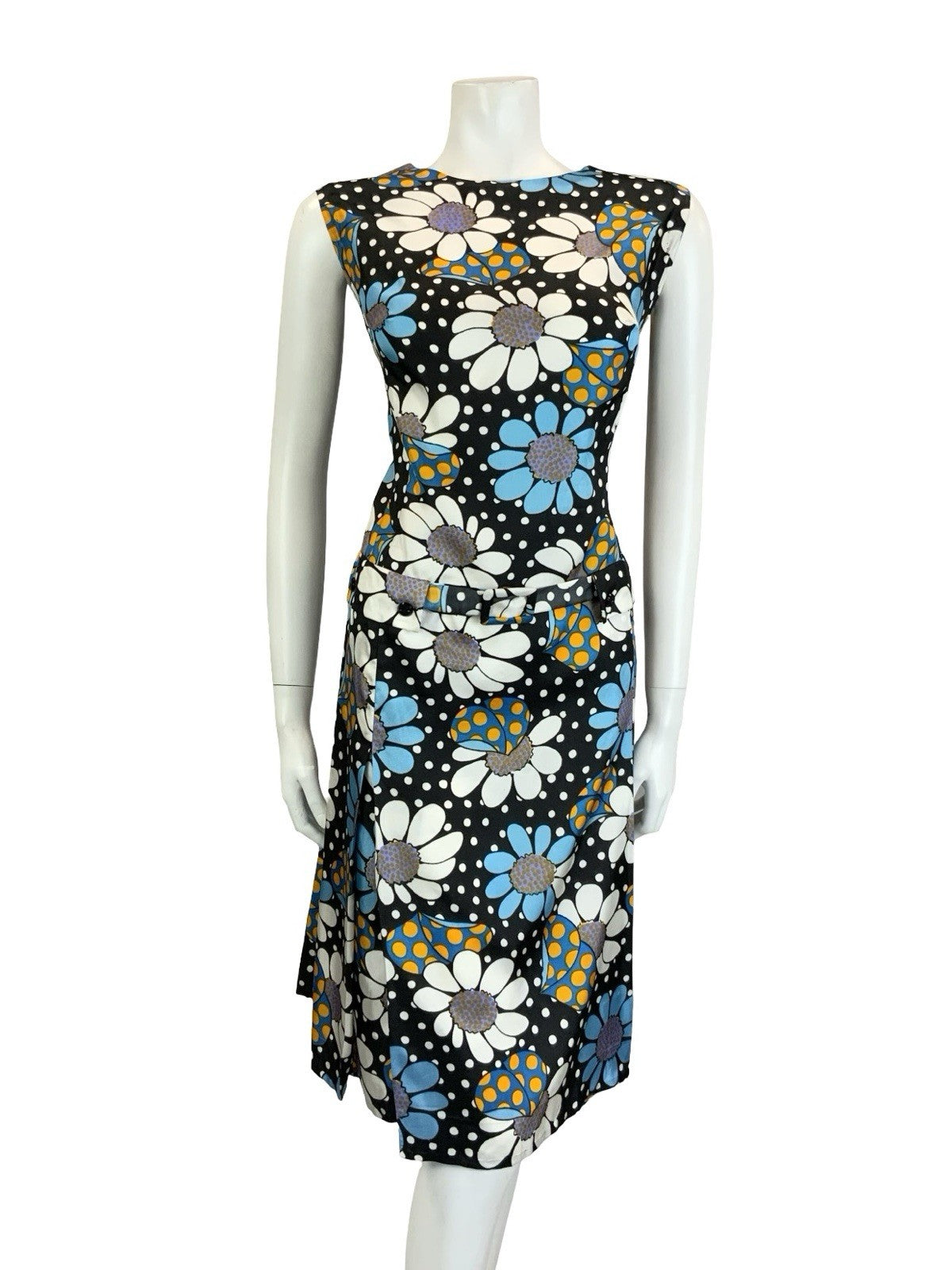 VTG 60S BLACK BLUE WHITE YELLOW POLKA DOT FLORAL DROPPED WAIST SHIFT DRESS 16
