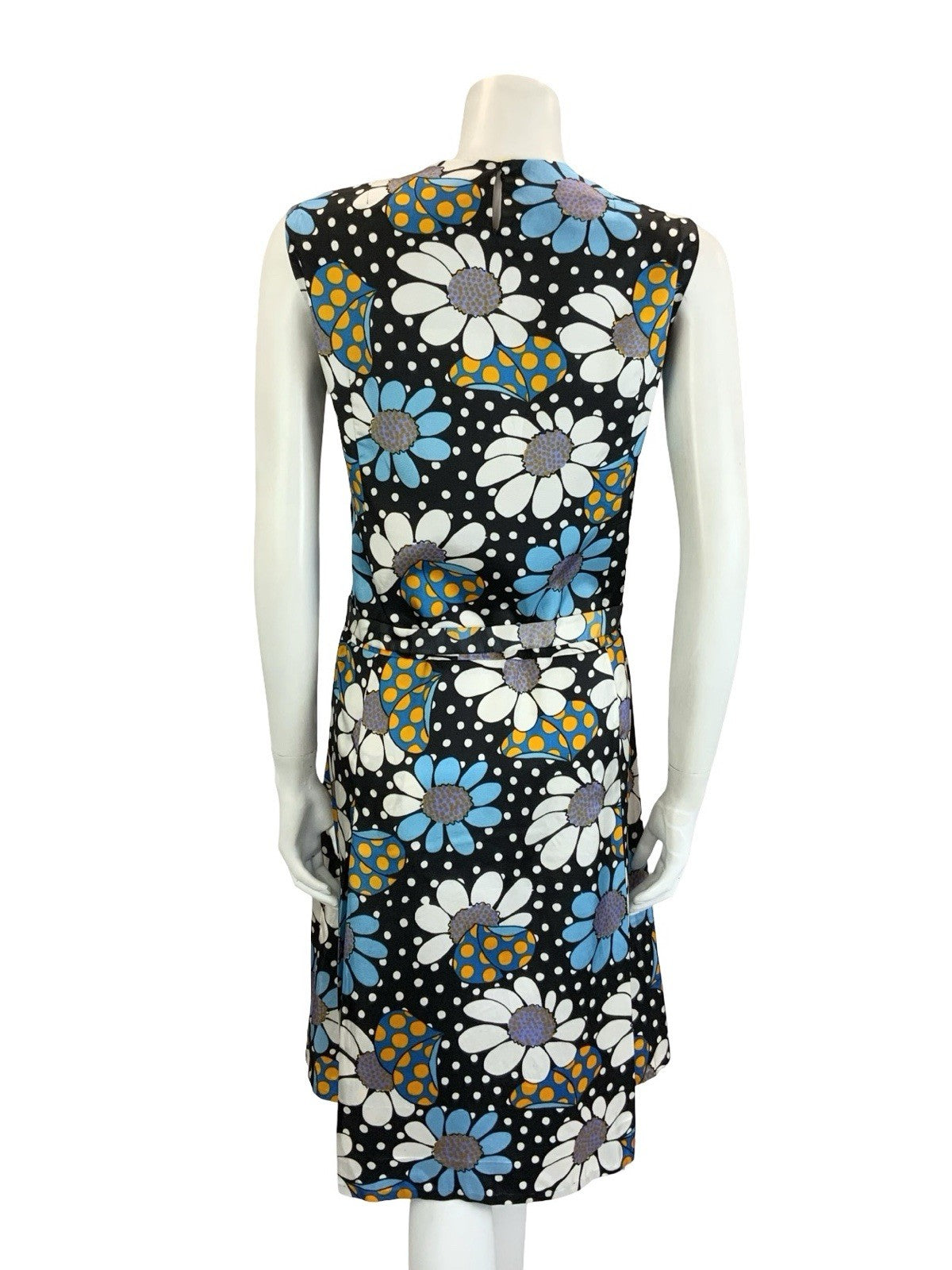 VTG 60S BLACK BLUE WHITE YELLOW POLKA DOT FLORAL DROPPED WAIST SHIFT DRESS 16