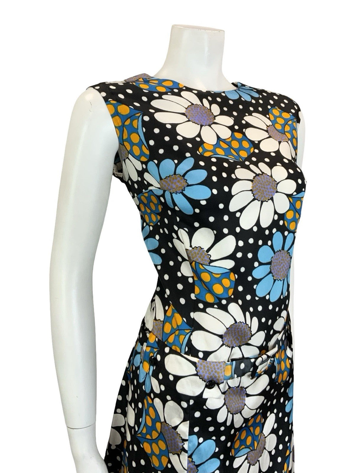 VTG 60S BLACK BLUE WHITE YELLOW POLKA DOT FLORAL DROPPED WAIST SHIFT DRESS 16