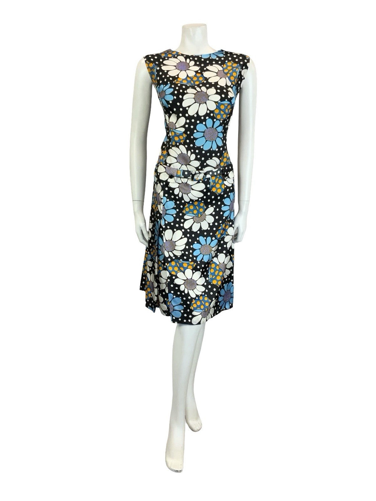 VTG 60S BLACK BLUE WHITE YELLOW POLKA DOT FLORAL DROPPED WAIST SHIFT DRESS 16