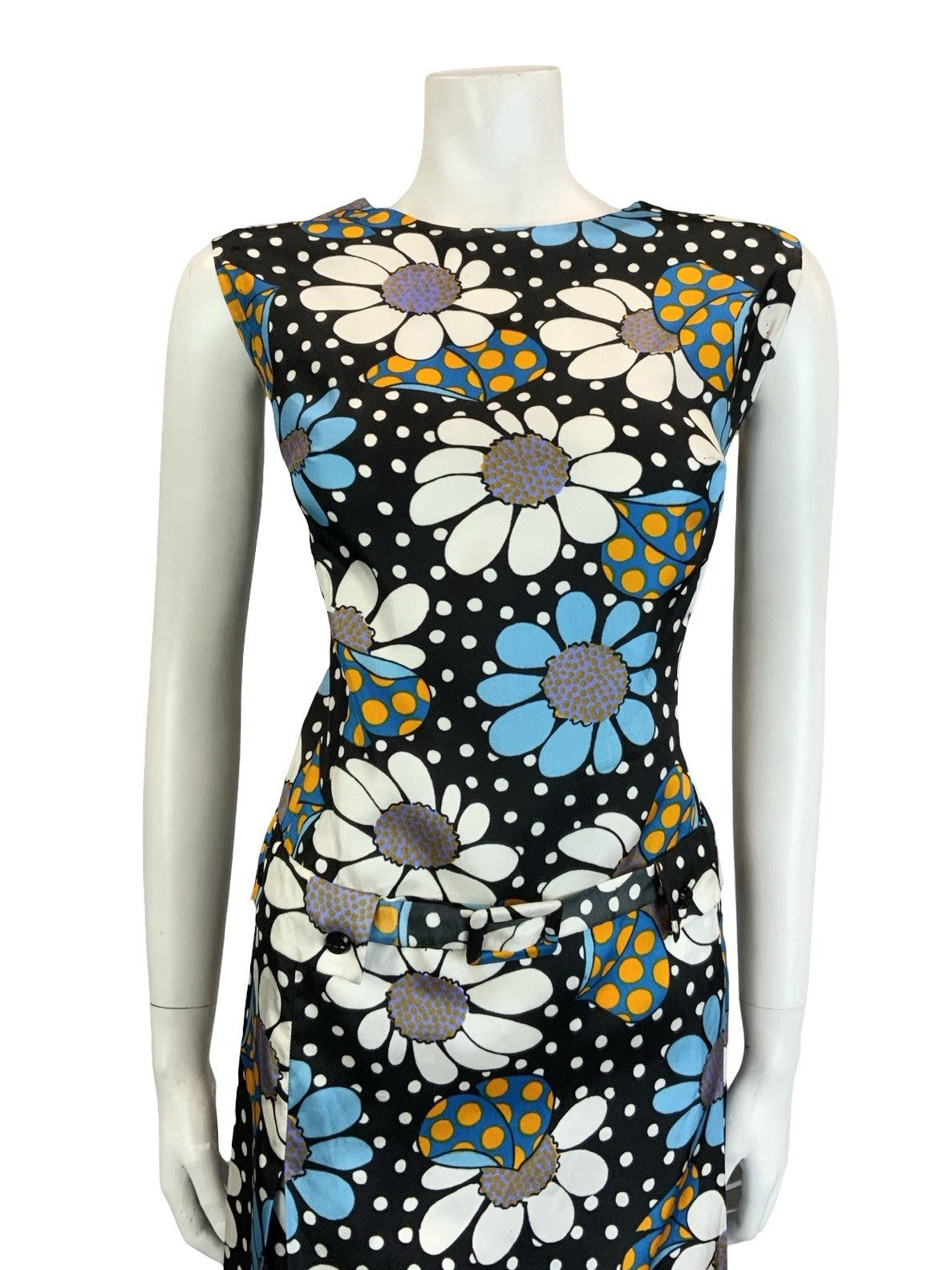 VTG 60S BLACK BLUE WHITE YELLOW POLKA DOT FLORAL DROPPED WAIST SHIFT DRESS 16