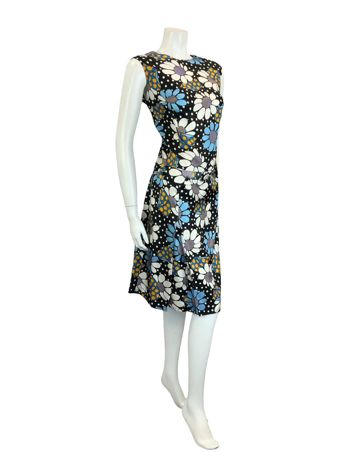 VTG 60S BLACK BLUE WHITE YELLOW POLKA DOT FLORAL DROPPED WAIST SHIFT DRESS 16