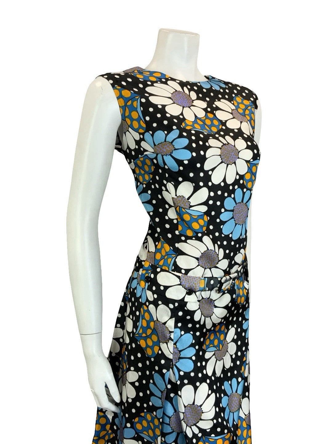 VTG 60S BLACK BLUE WHITE YELLOW POLKA DOT FLORAL DROPPED WAIST SHIFT DRESS 16