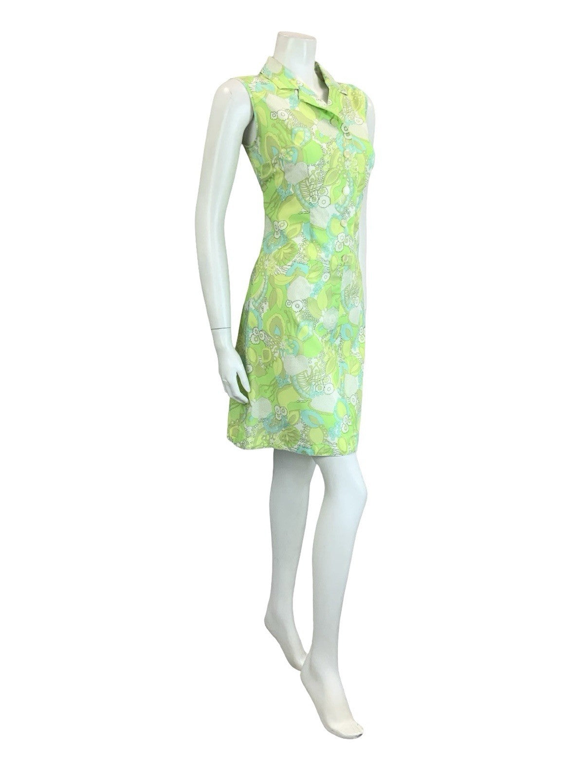VTG 60S 70S PSYCHEDELIC FLORAL LEAFY GREEN WHITE MOD SHIFT DRESS 10