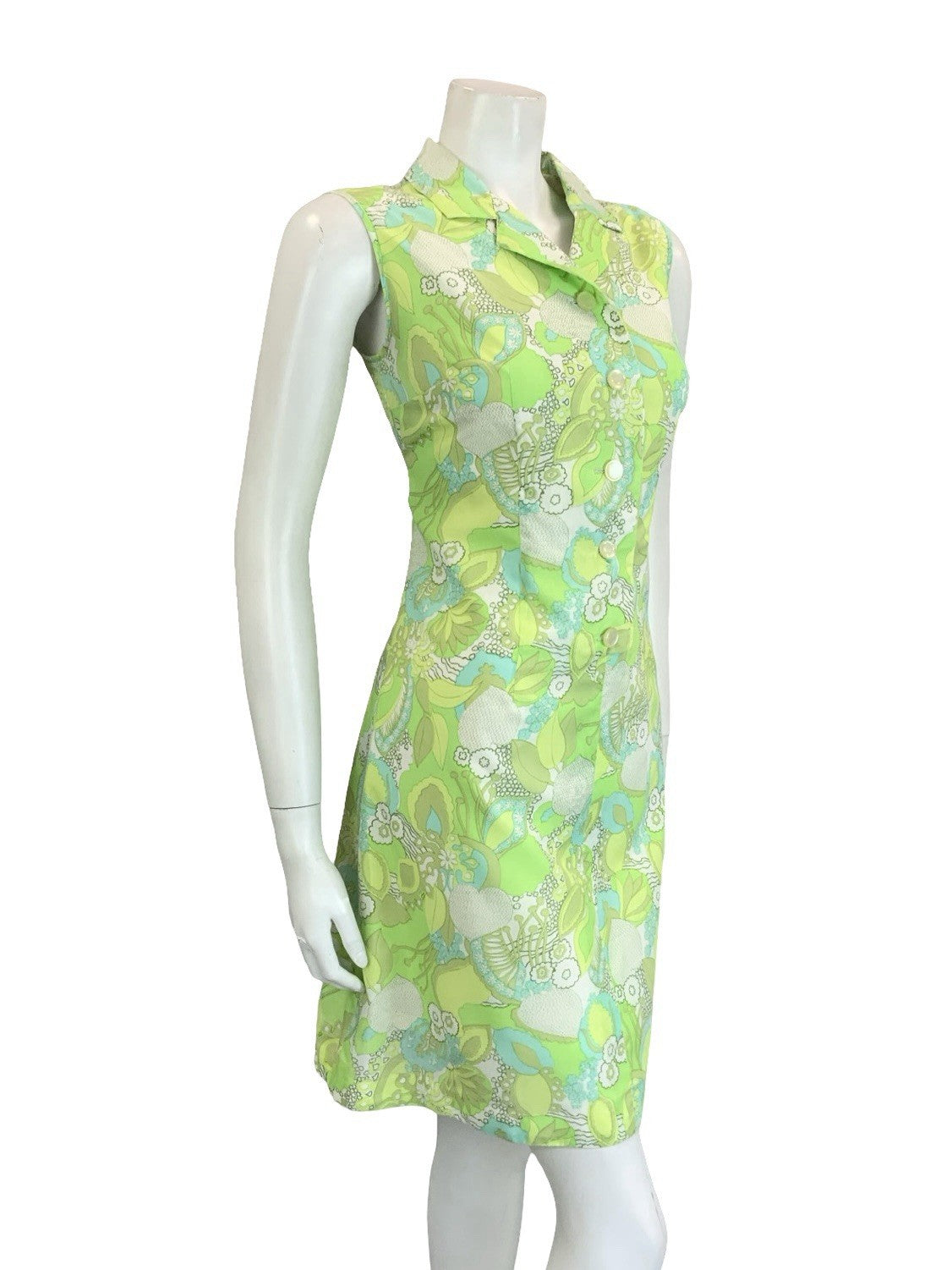 VTG 60S 70S PSYCHEDELIC FLORAL LEAFY GREEN WHITE MOD SHIFT DRESS 10