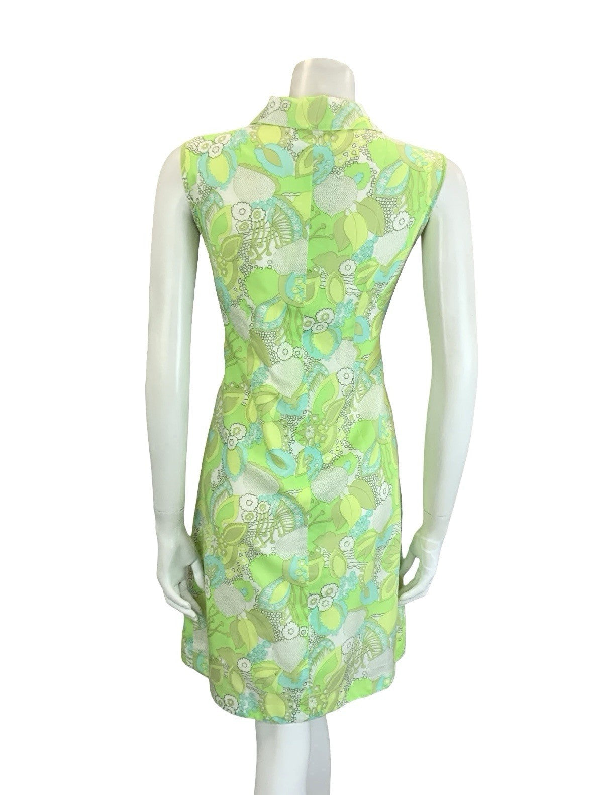 VTG 60S 70S PSYCHEDELIC FLORAL LEAFY GREEN WHITE MOD SHIFT DRESS 10