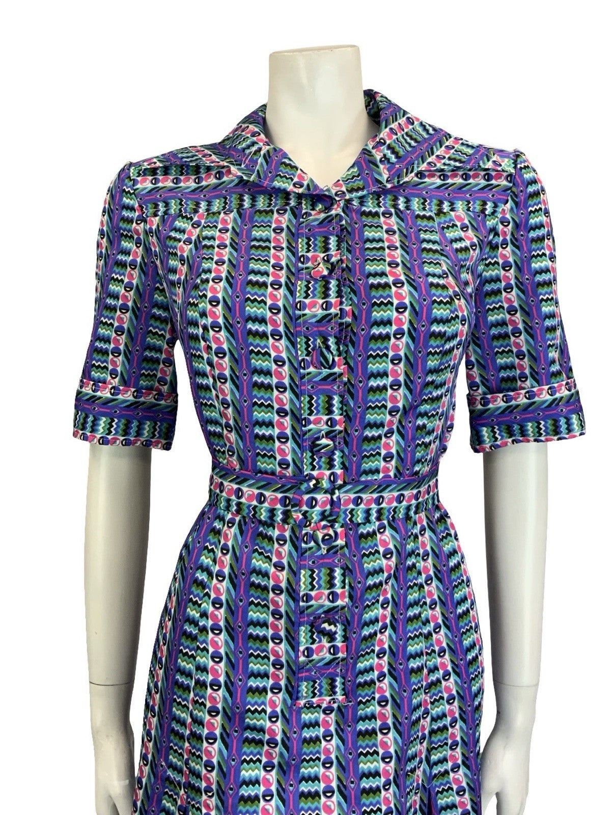 VTG 60S 70S PURPLE GREEN PINK GEOMETRIC STRIPE DAGGER BELTED SHIRT DRESS 14