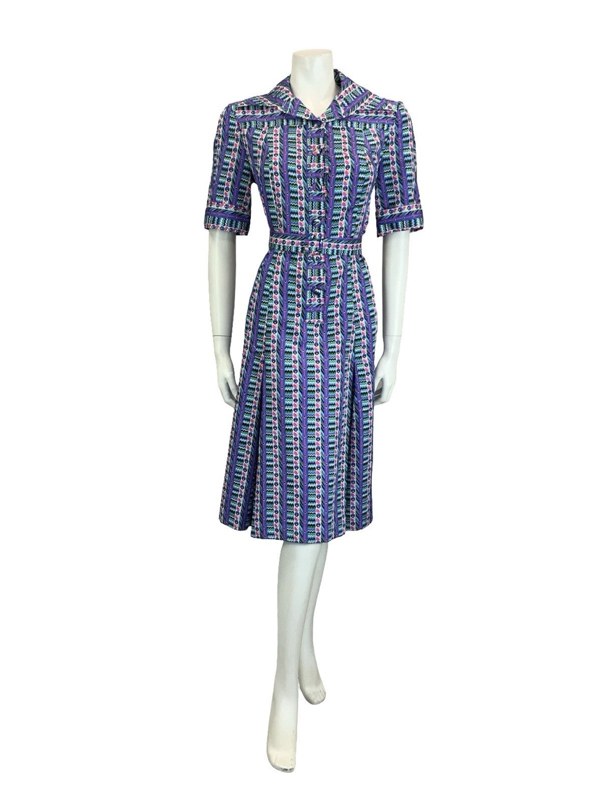 VTG 60S 70S PURPLE GREEN PINK GEOMETRIC STRIPE DAGGER BELTED SHIRT DRESS 14