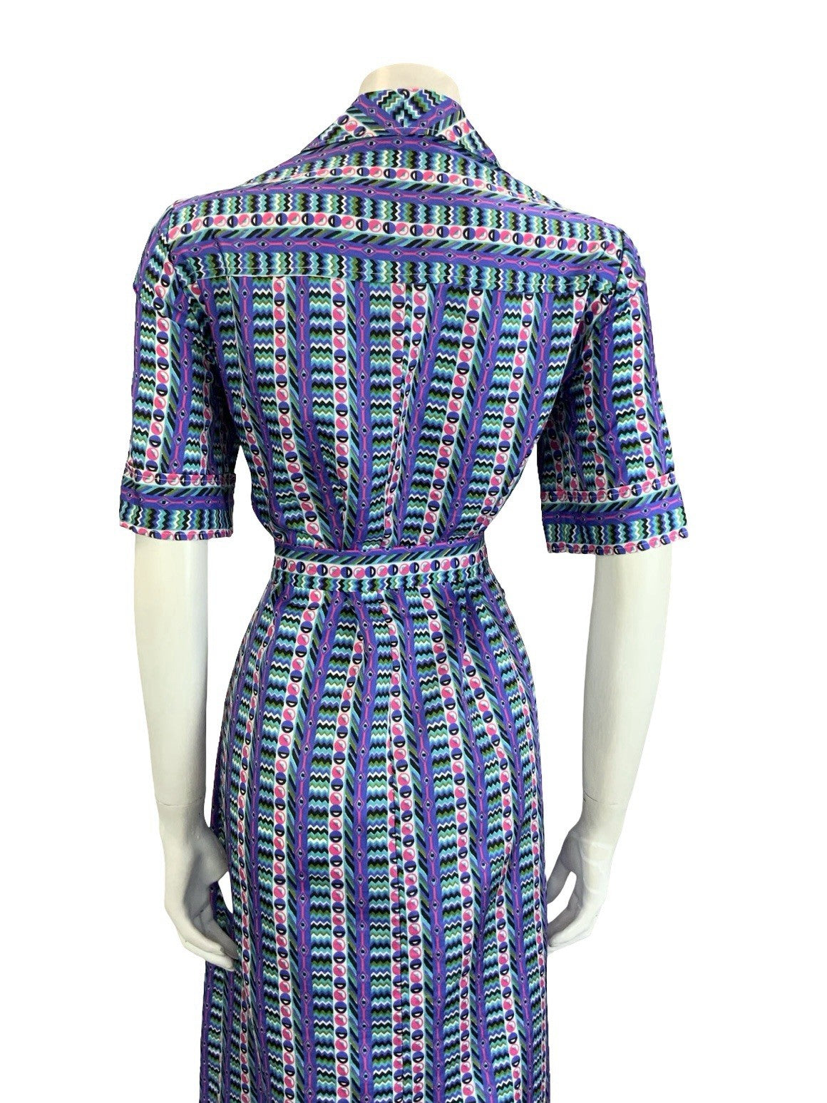 VTG 60S 70S PURPLE GREEN PINK GEOMETRIC STRIPE DAGGER BELTED SHIRT DRESS 14