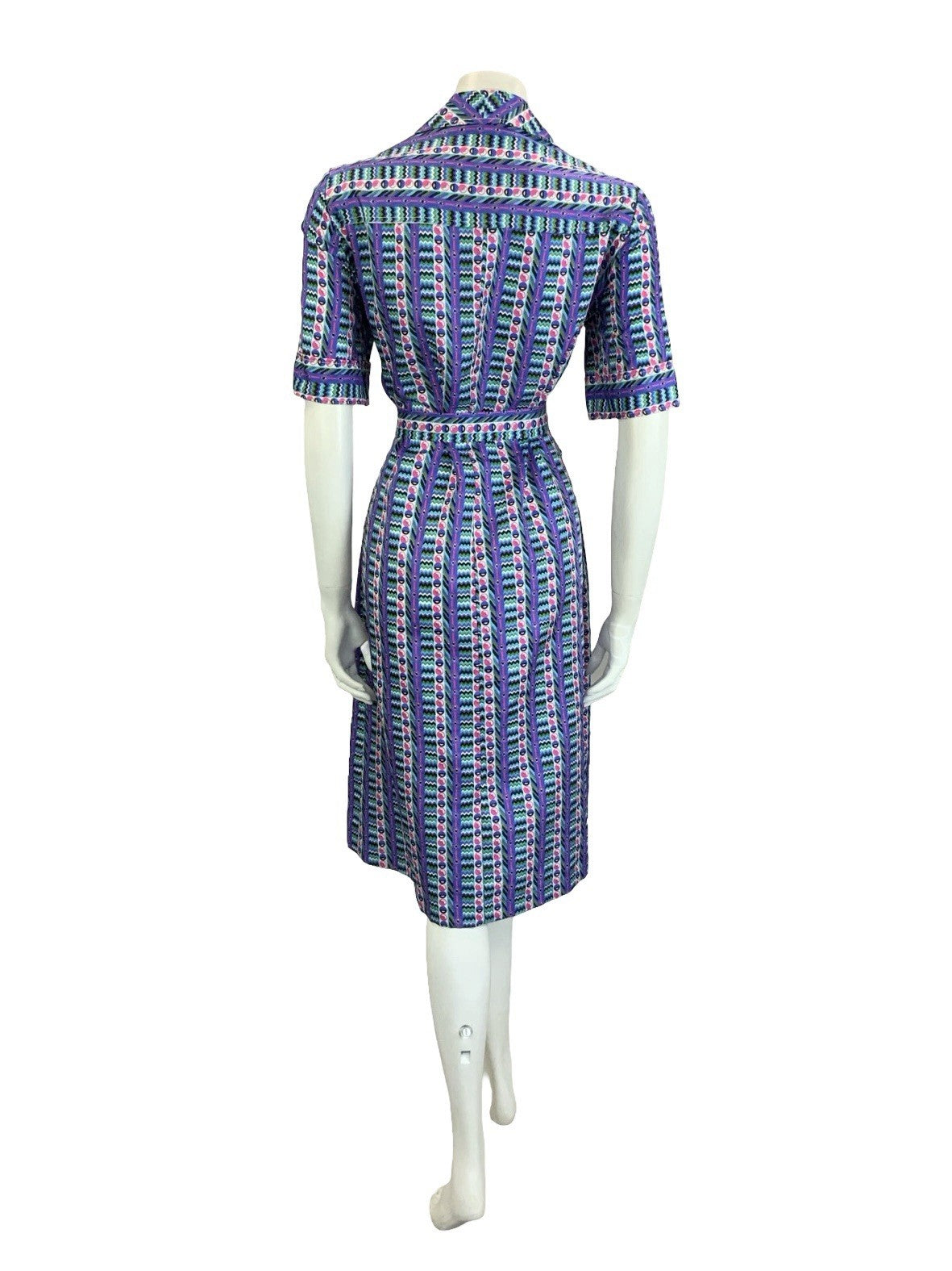 VTG 60S 70S PURPLE GREEN PINK GEOMETRIC STRIPE DAGGER BELTED SHIRT DRESS 14