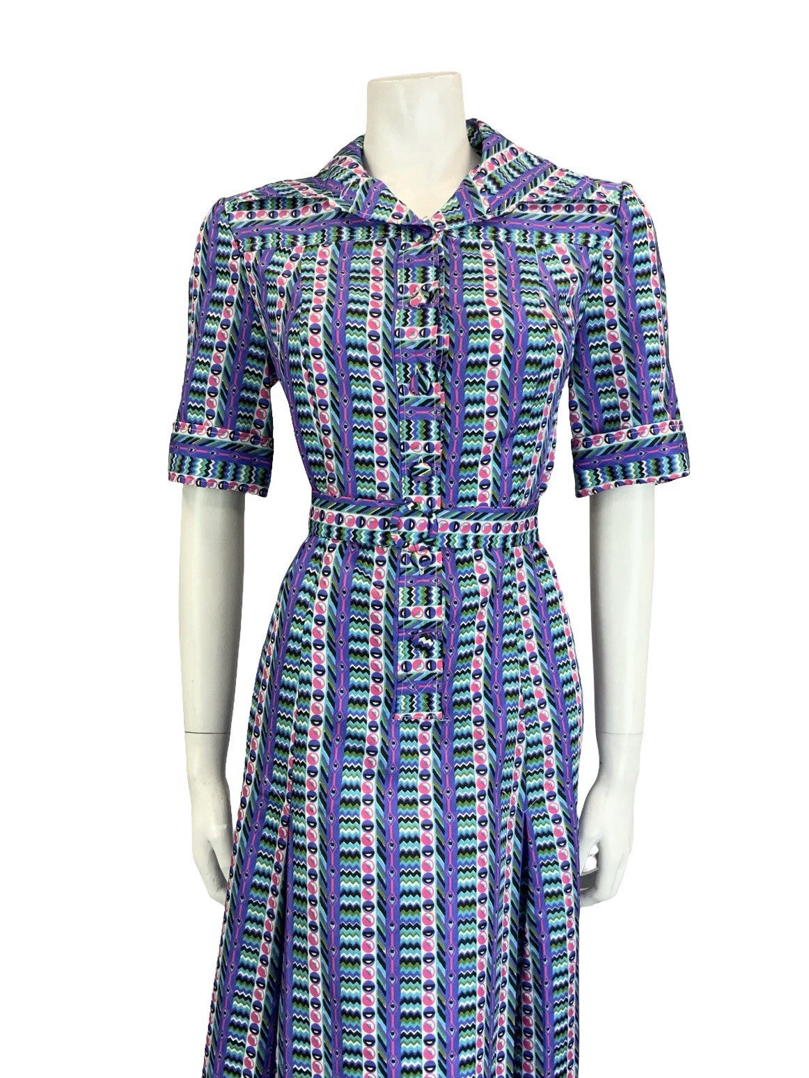 VTG 60S 70S PURPLE GREEN PINK GEOMETRIC STRIPE DAGGER BELTED SHIRT DRESS 14