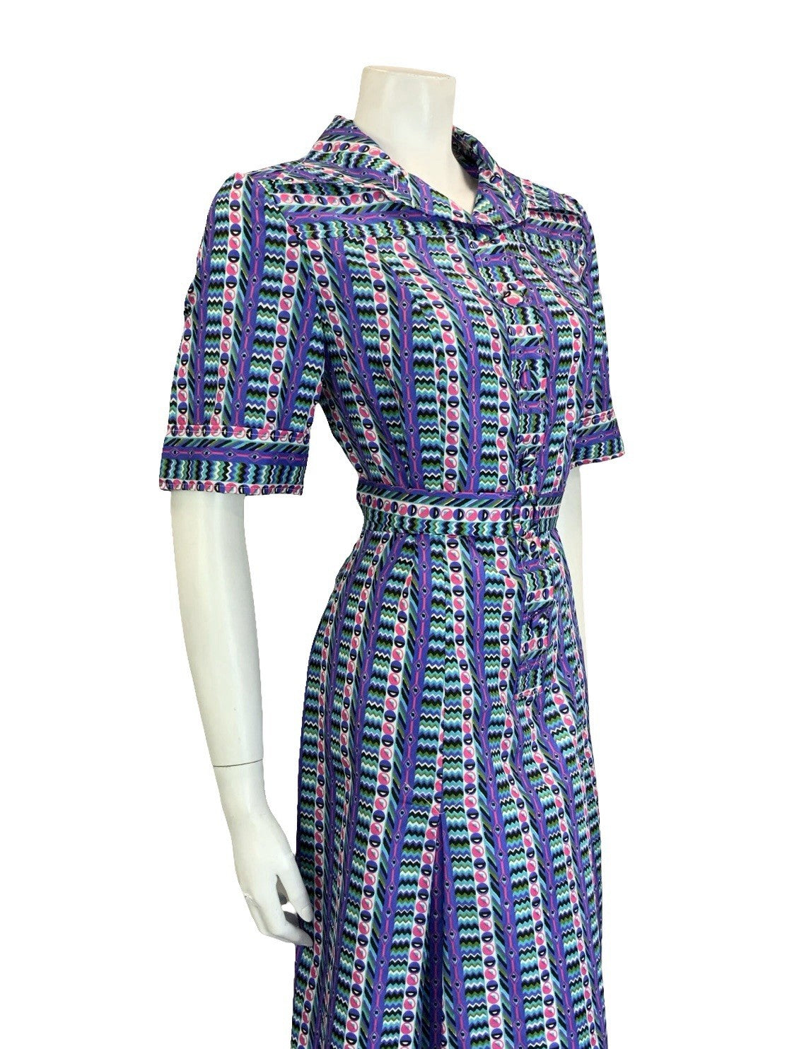 VTG 60S 70S PURPLE GREEN PINK GEOMETRIC STRIPE DAGGER BELTED SHIRT DRESS 14