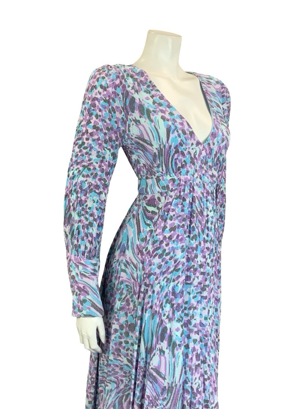 VTG 60S 70S BLUE PURPLE GREY PSYCHEDELIC PLUNGING V NECK EMPIRE MIDI DRESS 10