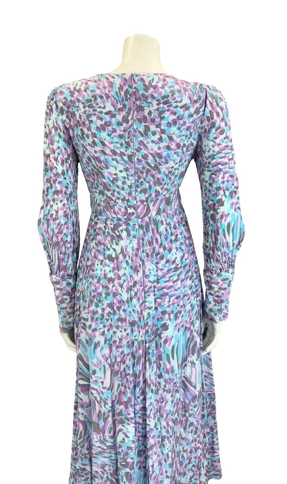 VTG 60S 70S BLUE PURPLE GREY PSYCHEDELIC PLUNGING V NECK EMPIRE MIDI DRESS 10
