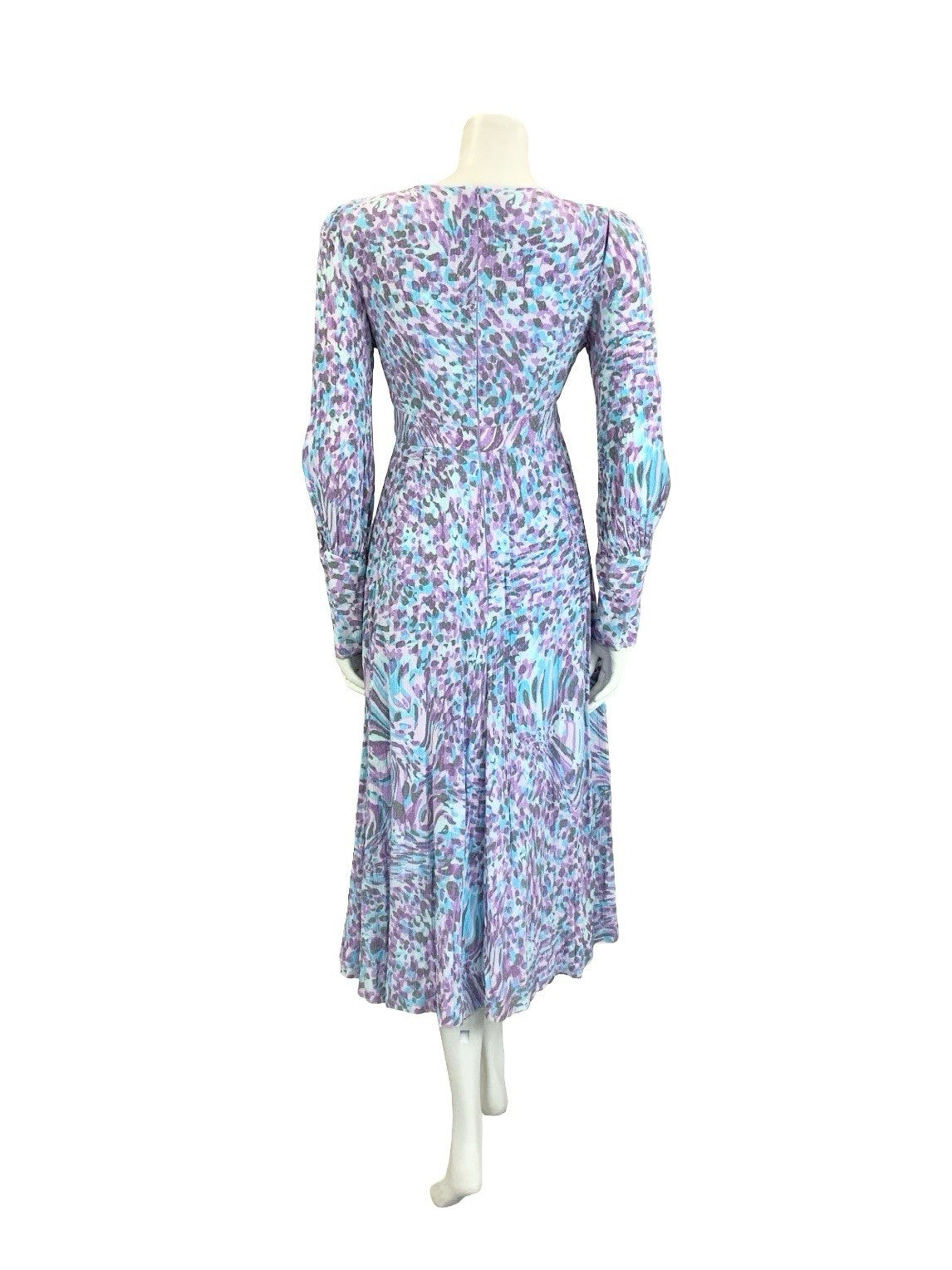 VTG 60S 70S BLUE PURPLE GREY PSYCHEDELIC PLUNGING V NECK EMPIRE MIDI DRESS 10