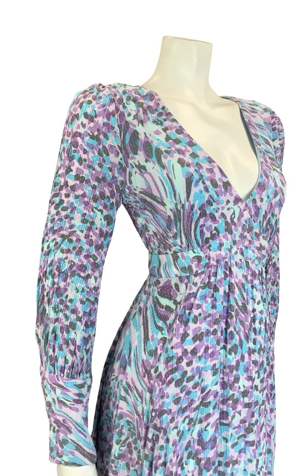 VTG 60S 70S BLUE PURPLE GREY PSYCHEDELIC PLUNGING V NECK EMPIRE MIDI DRESS 10