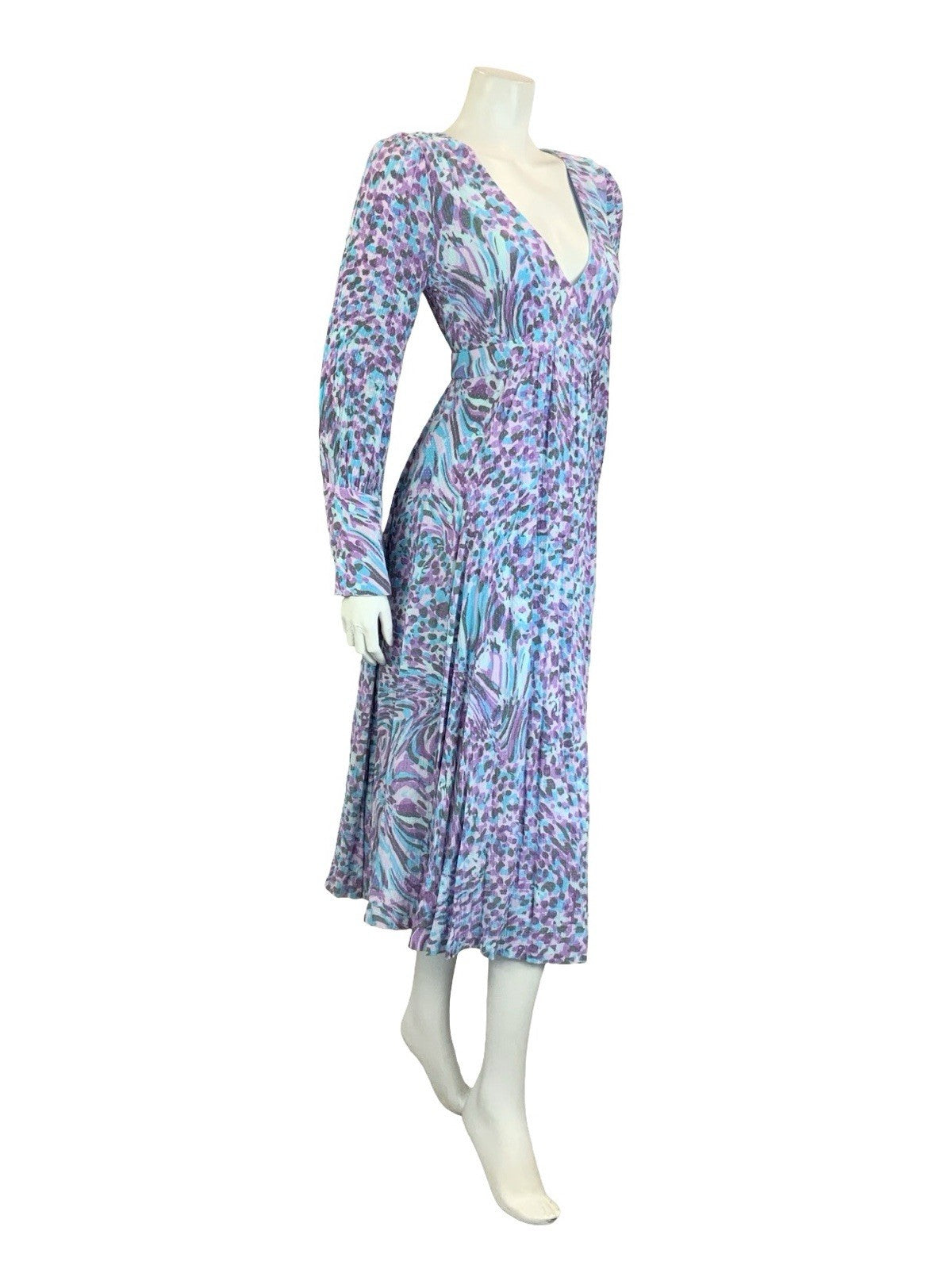 VTG 60S 70S BLUE PURPLE GREY PSYCHEDELIC PLUNGING V NECK EMPIRE MIDI DRESS 10