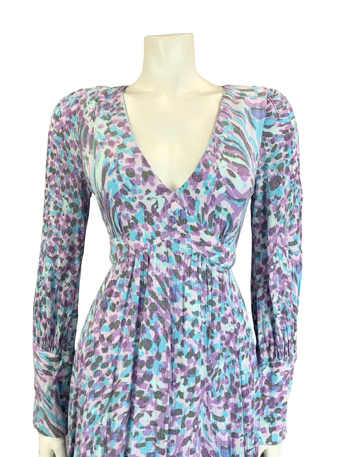 VTG 60S 70S BLUE PURPLE GREY PSYCHEDELIC PLUNGING V NECK EMPIRE MIDI DRESS 10