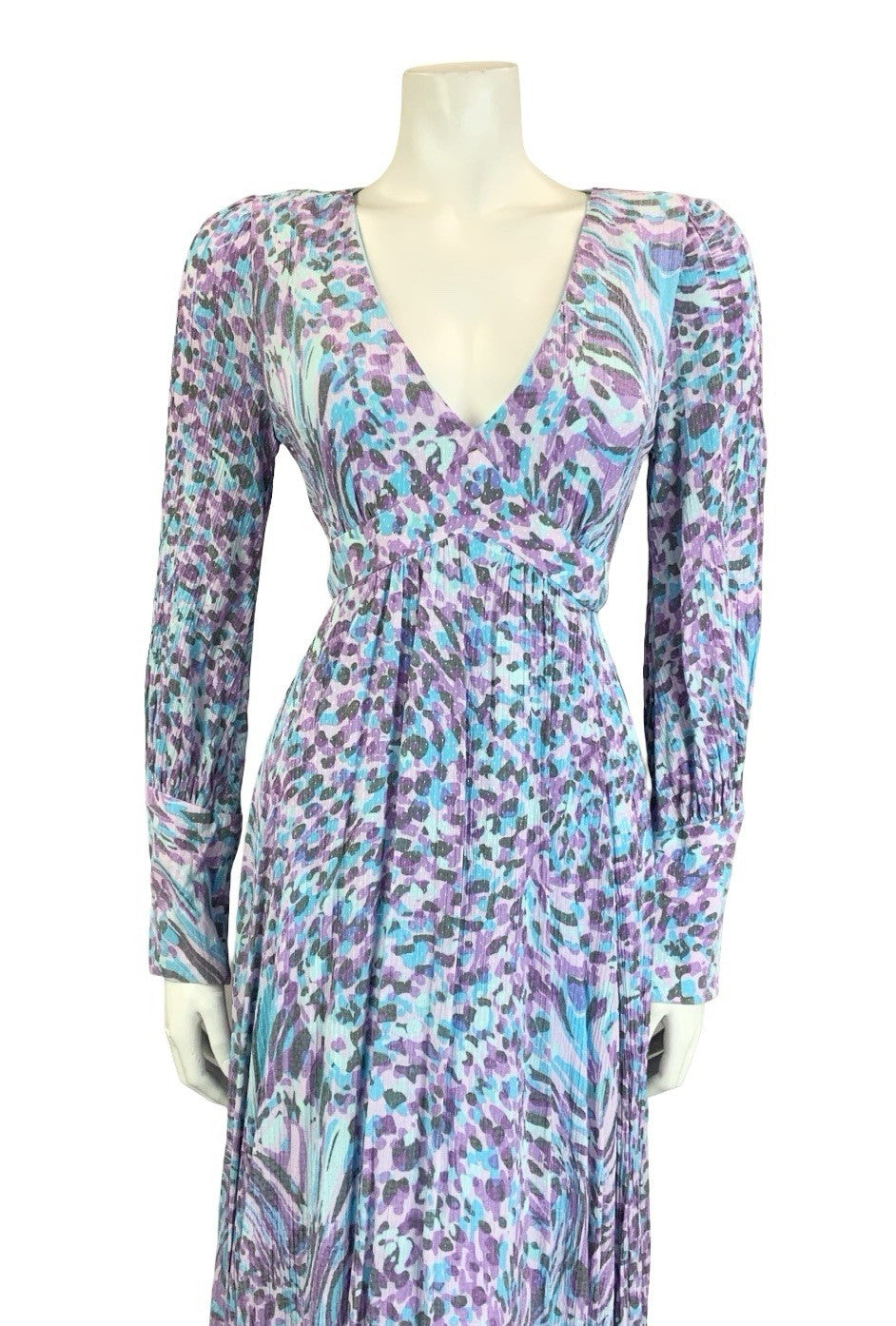 VTG 60S 70S BLUE PURPLE GREY PSYCHEDELIC PLUNGING V NECK EMPIRE MIDI DRESS 10