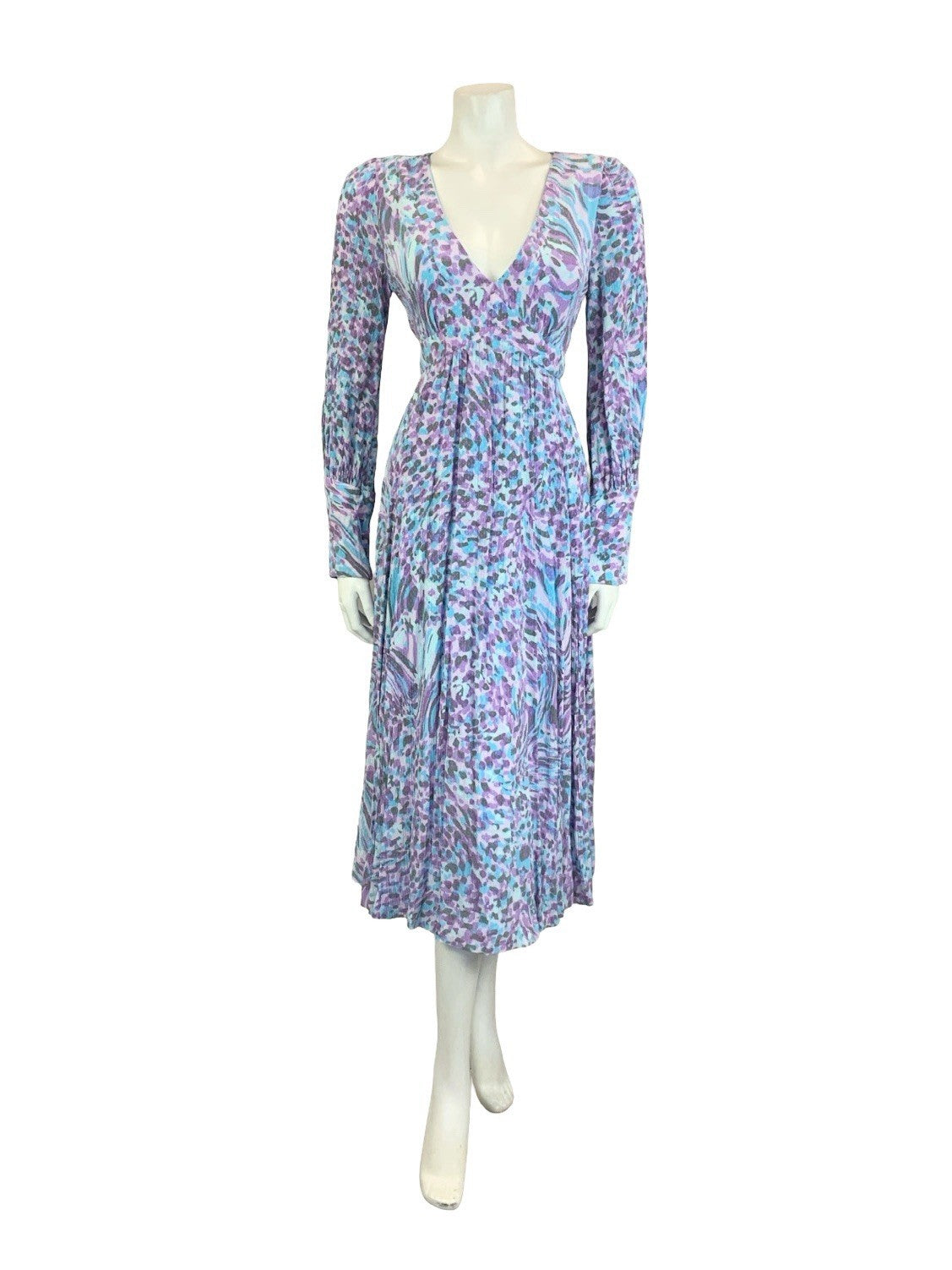 VTG 60S 70S BLUE PURPLE GREY PSYCHEDELIC PLUNGING V NECK EMPIRE MIDI DRESS 10