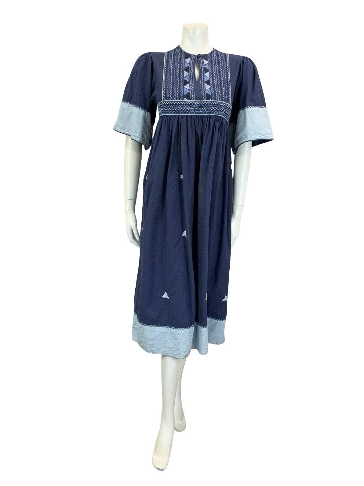 VTG 60S 70S NAVY BLUE EMBROIDERED BOHO HIPPY EMPIRE SMOCK GEOMETRIC DRESS 8