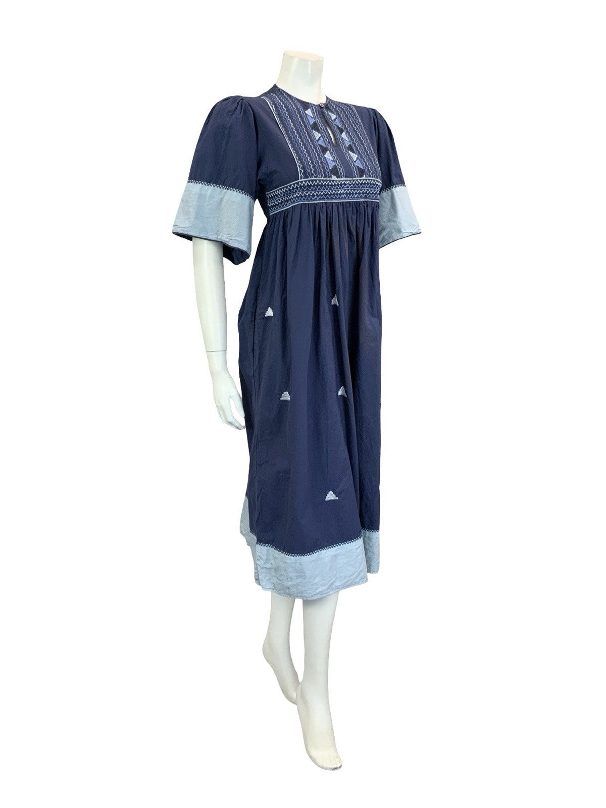 VTG 60S 70S NAVY BLUE EMBROIDERED BOHO HIPPY EMPIRE SMOCK GEOMETRIC DRESS 8