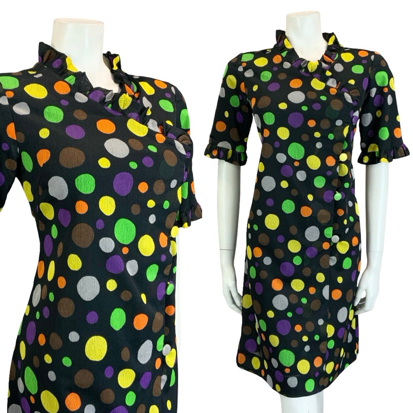 VTG 60S 70S BLACK YELLOW GREEN ORANGE PURPLE DOTTY RUFFLE SHIFT DRESS 12