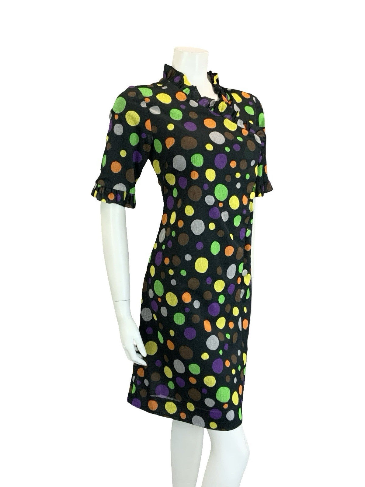 VTG 60S 70S BLACK YELLOW GREEN ORANGE PURPLE DOTTY RUFFLE SHIFT DRESS 12