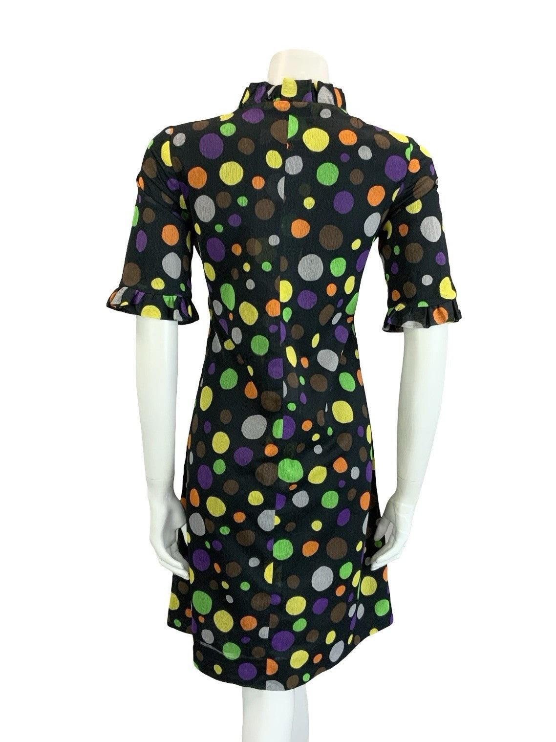 VTG 60S 70S BLACK YELLOW GREEN ORANGE PURPLE DOTTY RUFFLE SHIFT DRESS 12