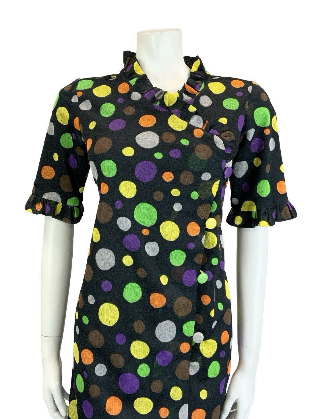 VTG 60S 70S BLACK YELLOW GREEN ORANGE PURPLE DOTTY RUFFLE SHIFT DRESS 12