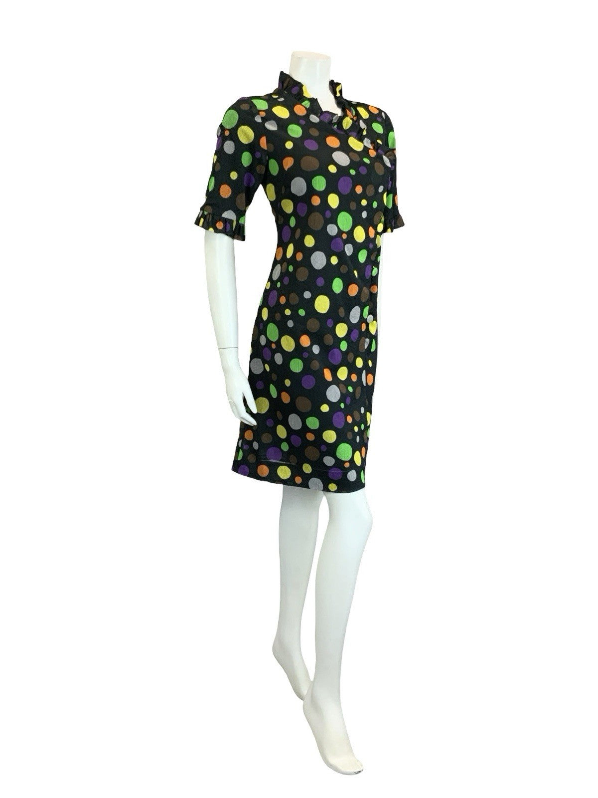 VTG 60S 70S BLACK YELLOW GREEN ORANGE PURPLE DOTTY RUFFLE SHIFT DRESS 12