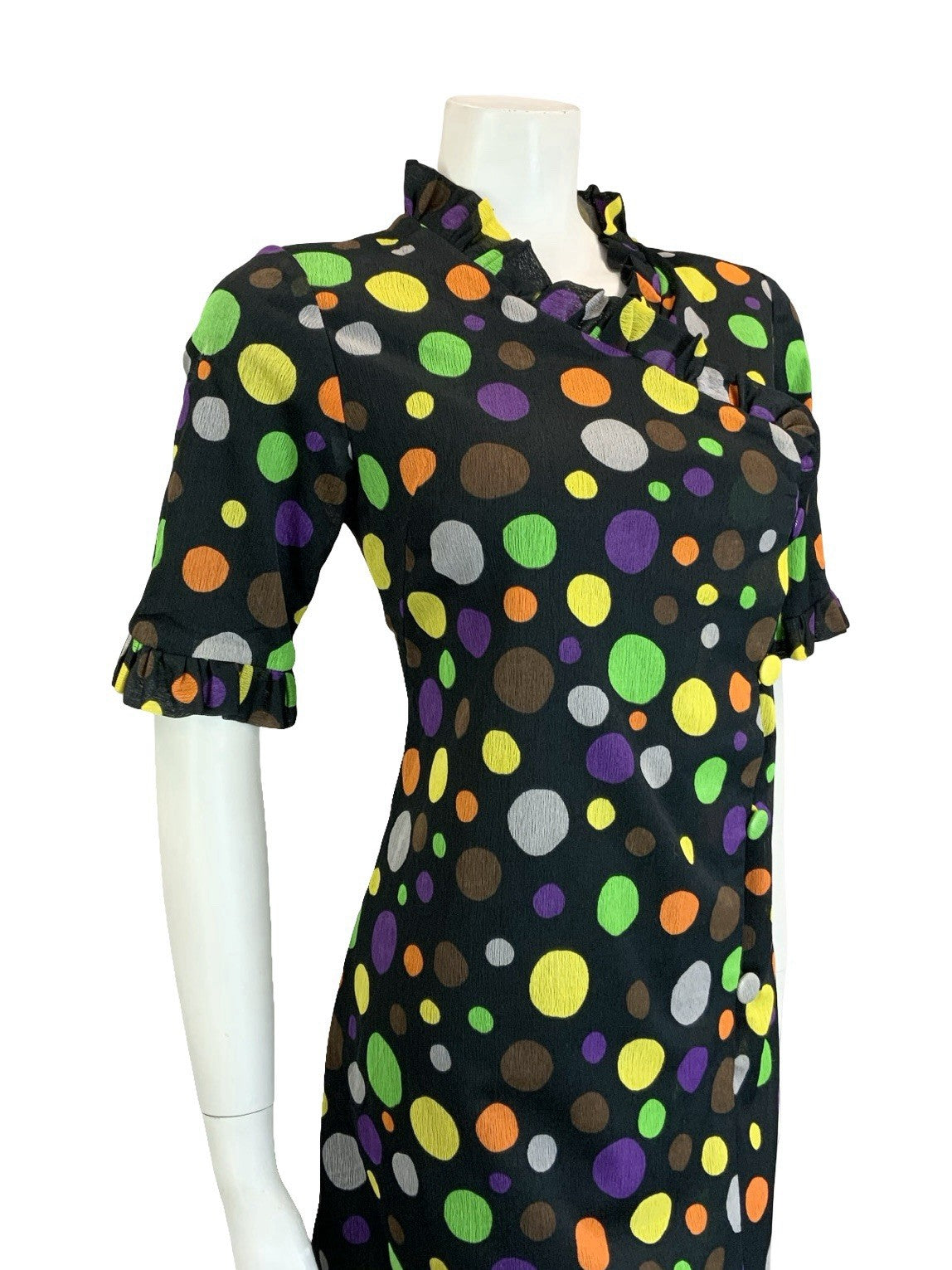 VTG 60S 70S BLACK YELLOW GREEN ORANGE PURPLE DOTTY RUFFLE SHIFT DRESS 12