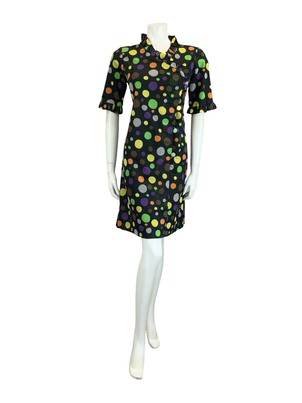 VTG 60S 70S BLACK YELLOW GREEN ORANGE PURPLE DOTTY RUFFLE SHIFT DRESS 12