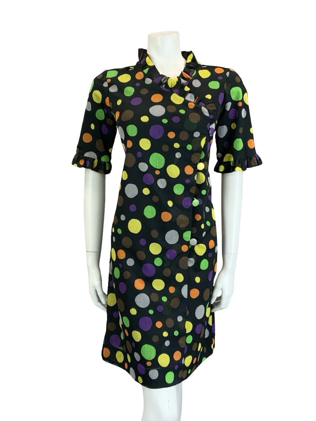 VTG 60S 70S BLACK YELLOW GREEN ORANGE PURPLE DOTTY RUFFLE SHIFT DRESS 12