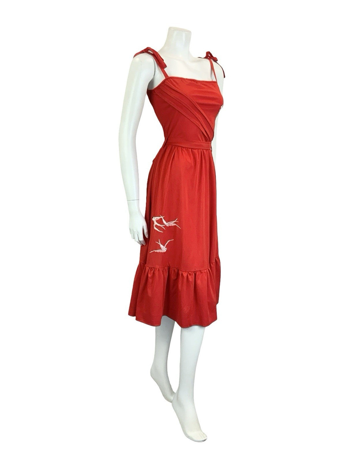 VTG 60S 70S RED WHITE STRAPPY EMBROIDERED BIRD RUFFLE TIE WAIST SUN DRESS 10