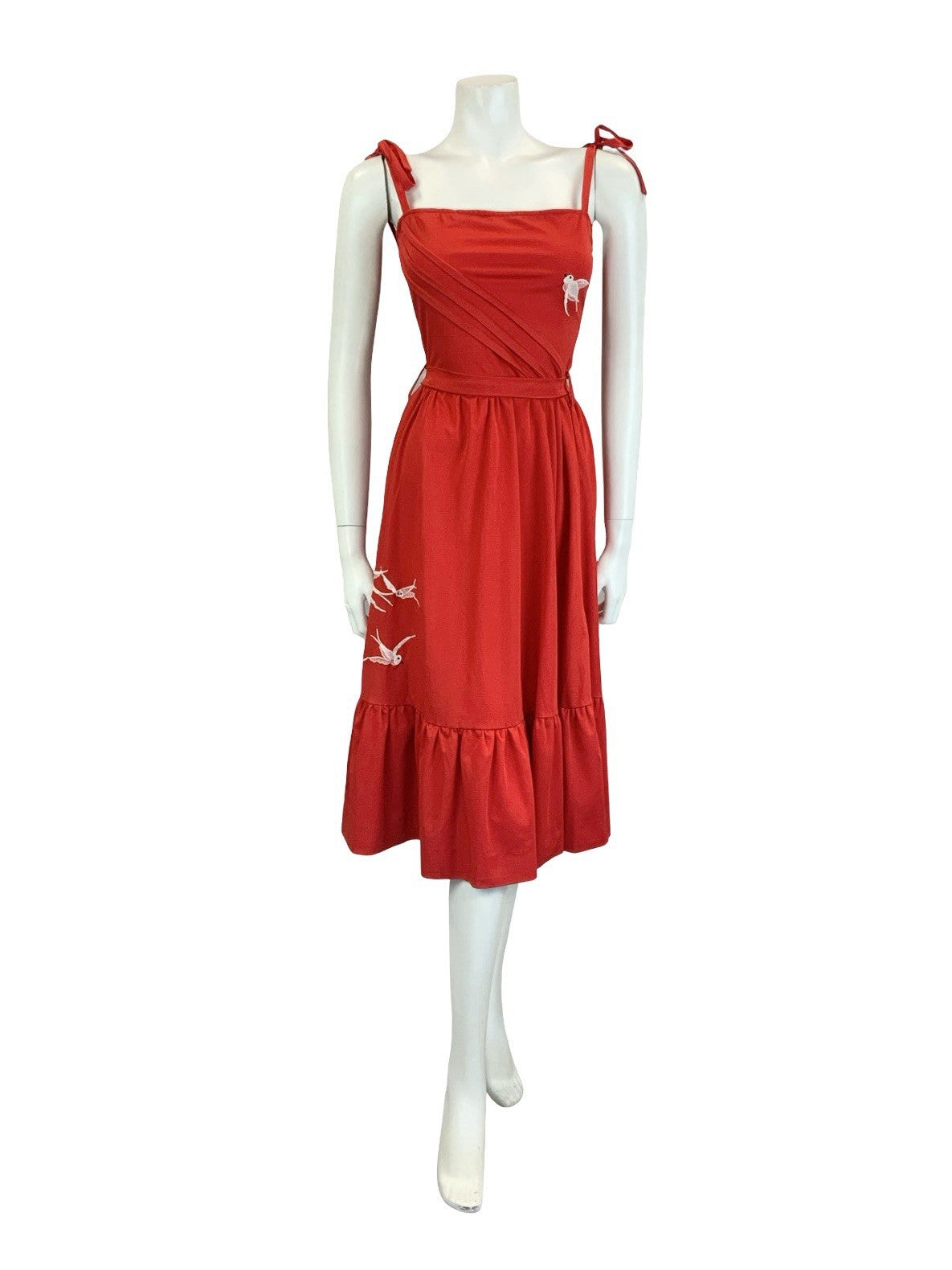 VTG 60S 70S RED WHITE STRAPPY EMBROIDERED BIRD RUFFLE TIE WAIST SUN DRESS 10