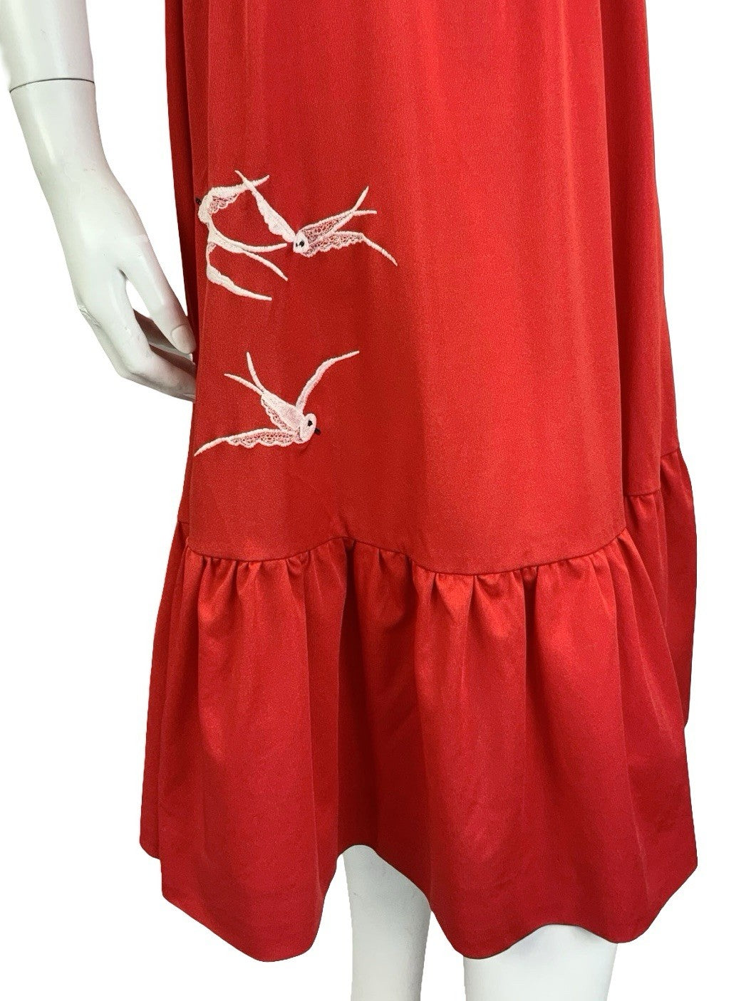 VTG 60S 70S RED WHITE STRAPPY EMBROIDERED BIRD RUFFLE TIE WAIST SUN DRESS 10