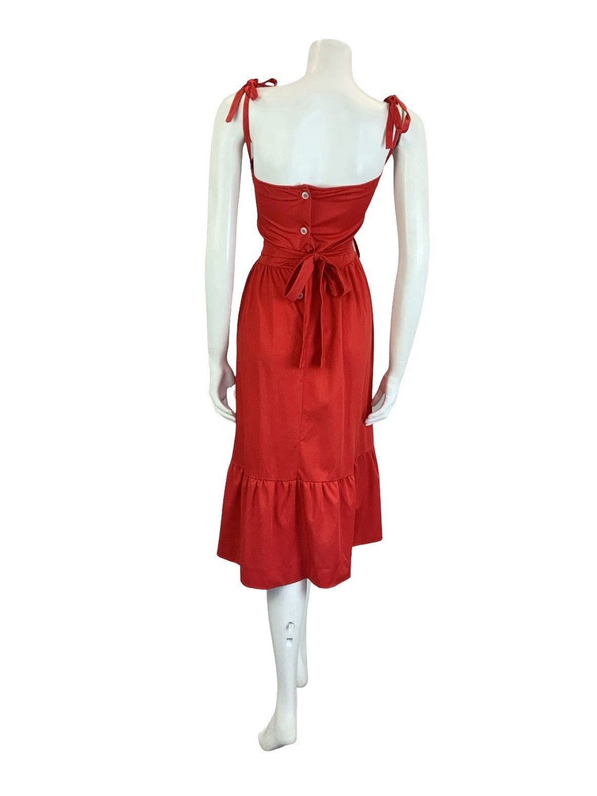 VTG 60S 70S RED WHITE STRAPPY EMBROIDERED BIRD RUFFLE TIE WAIST SUN DRESS 10