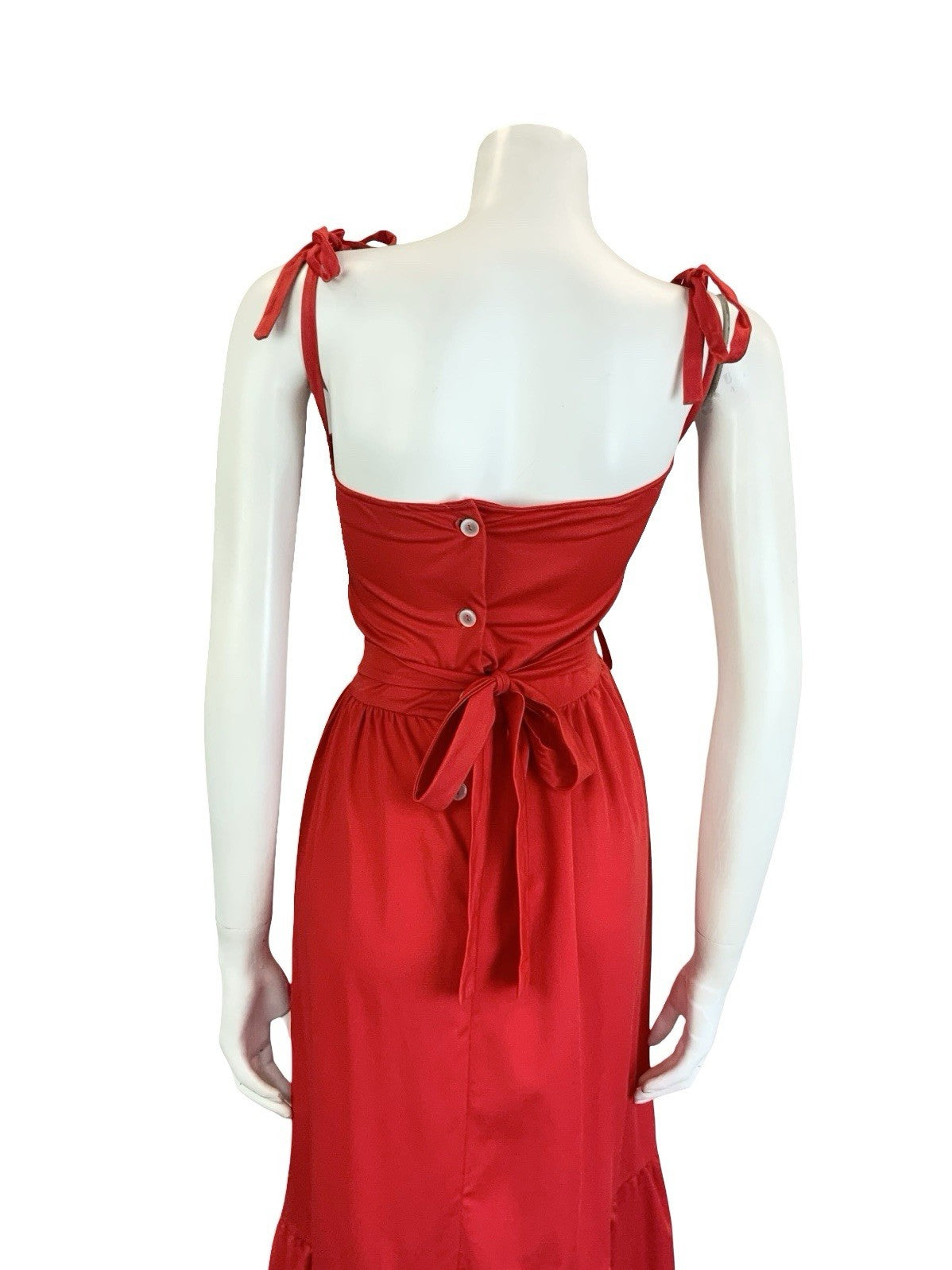 VTG 60S 70S RED WHITE STRAPPY EMBROIDERED BIRD RUFFLE TIE WAIST SUN DRESS 10