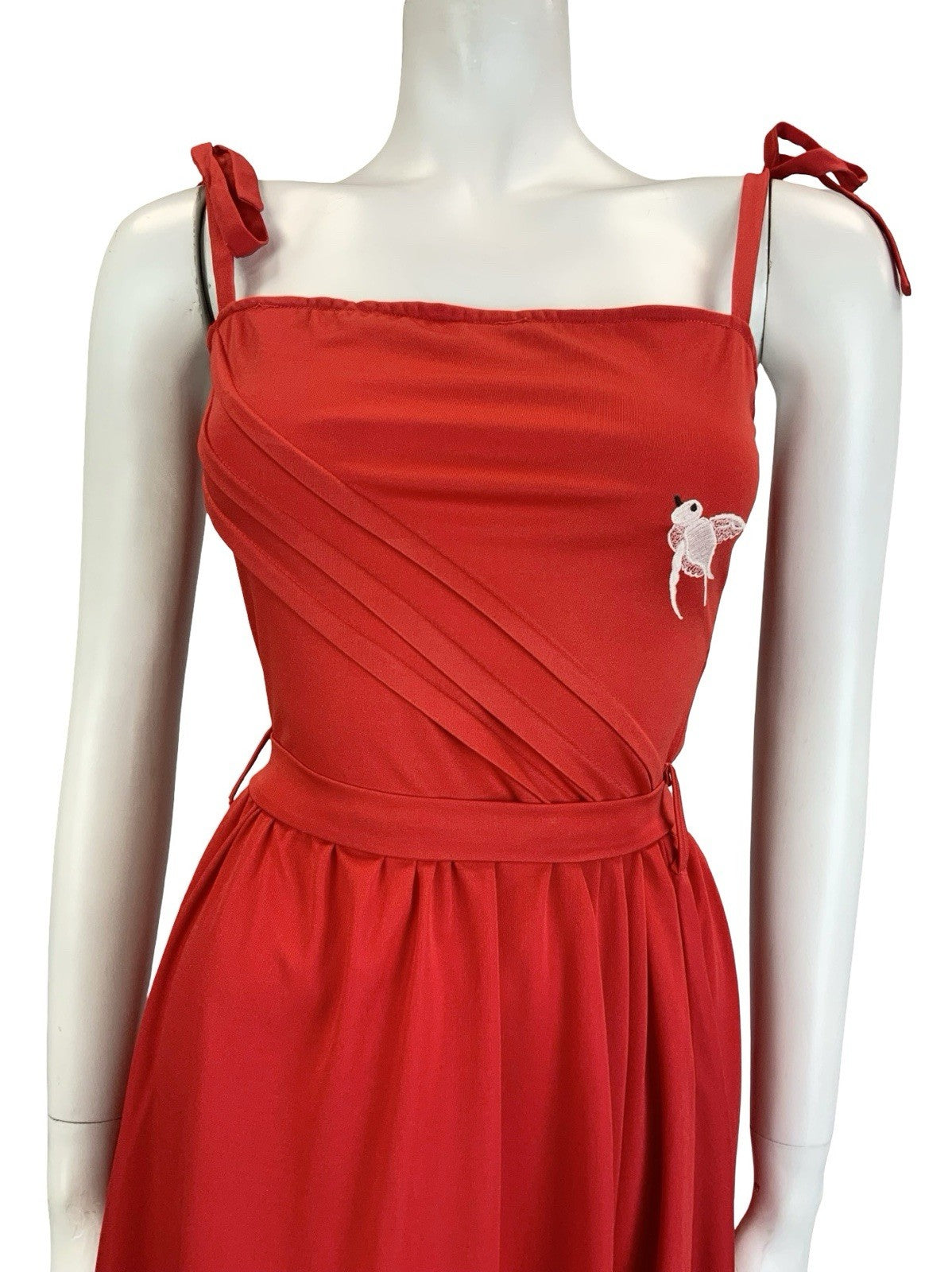 VTG 60S 70S RED WHITE STRAPPY EMBROIDERED BIRD RUFFLE TIE WAIST SUN DRESS 10