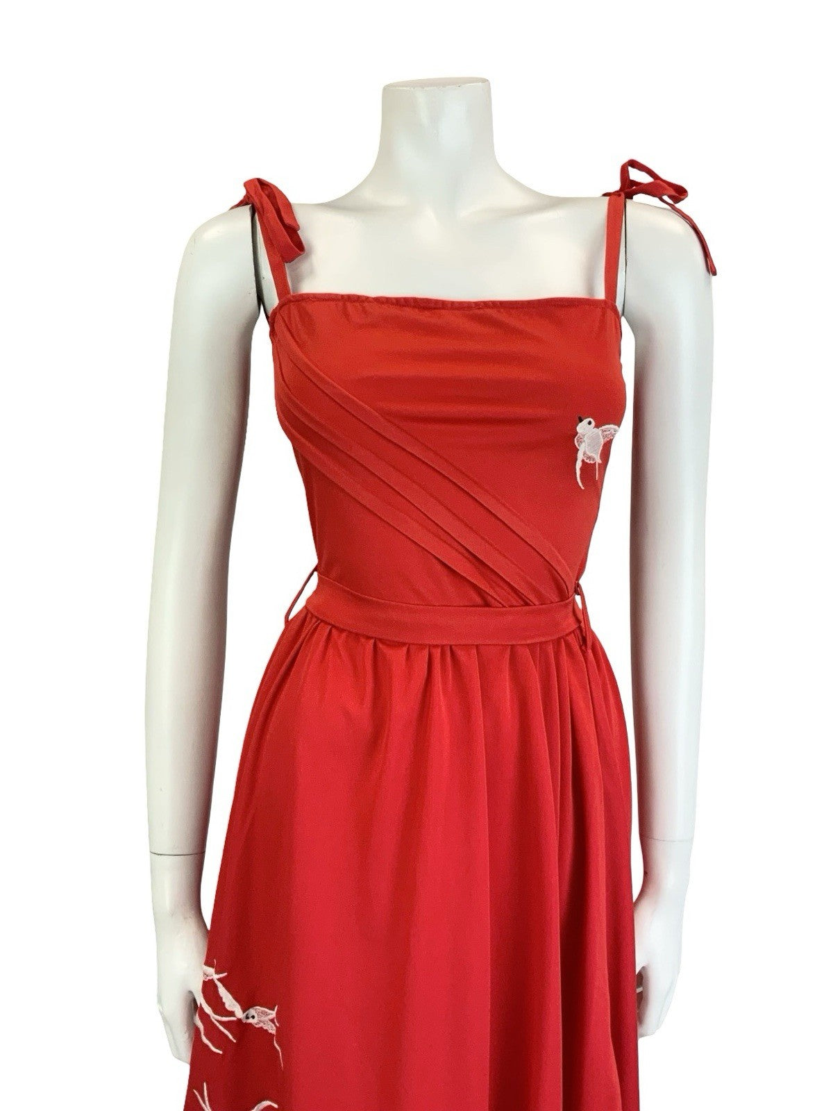 VTG 60S 70S RED WHITE STRAPPY EMBROIDERED BIRD RUFFLE TIE WAIST SUN DRESS 10
