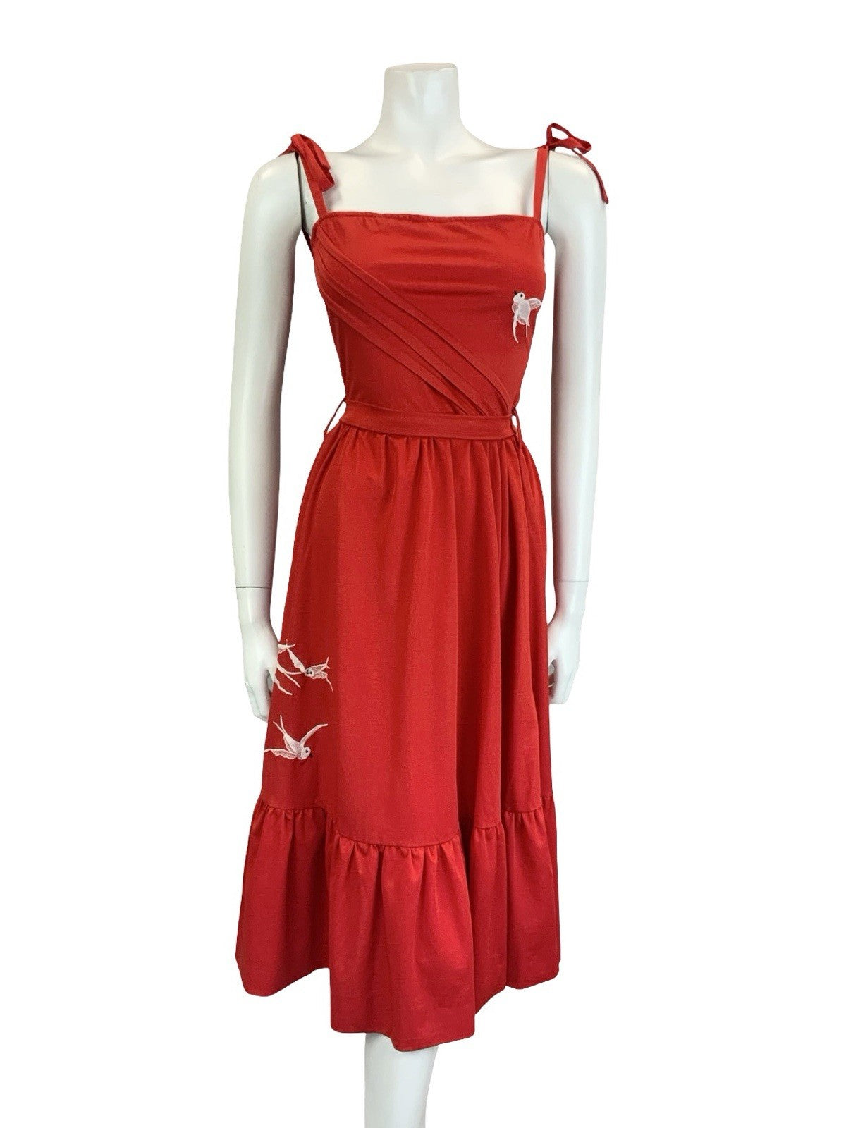 VTG 60S 70S RED WHITE STRAPPY EMBROIDERED BIRD RUFFLE TIE WAIST SUN DRESS 10