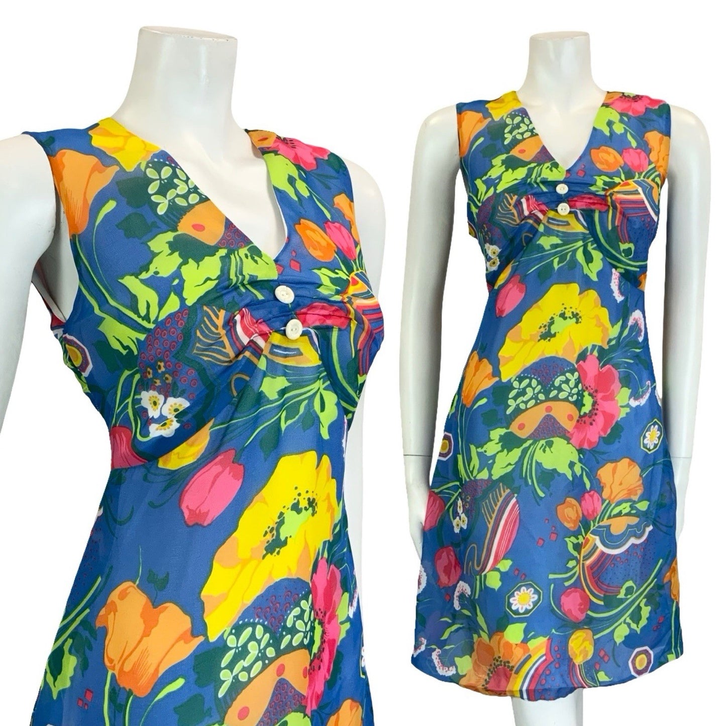 VTG 60S 70S BLUE PINK GREEN YELLOW ORANGE PSYCHEDELIC FLORAL EMPIRE DRESS 10